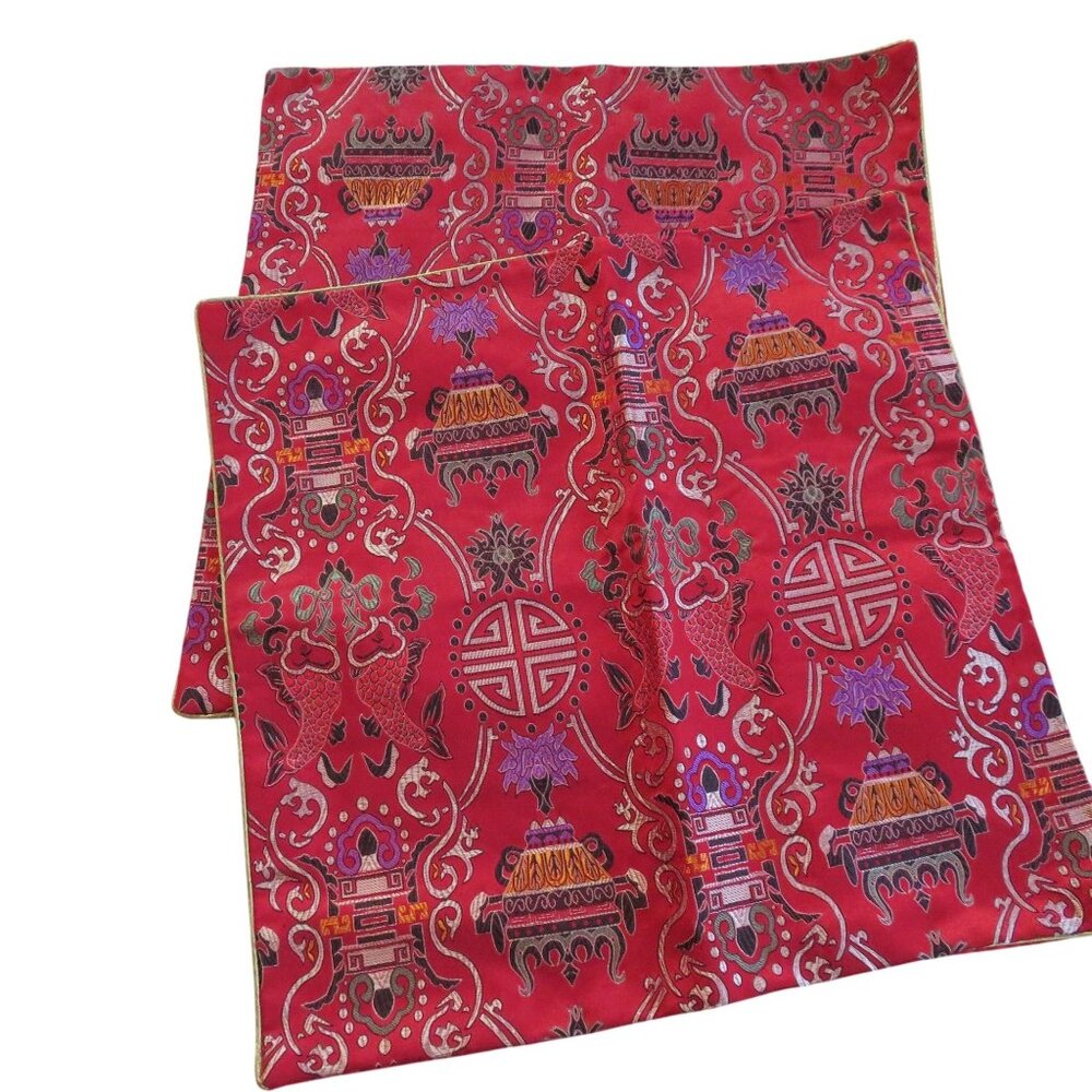 Set of 2 Red Asian-Inspired Decorative Pillow Covers Embroidered Zipper Closure